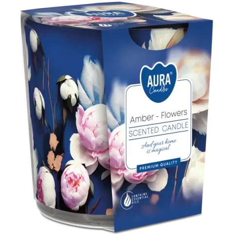 Duftkerze im Glas mit Folie – Bernstein & Blumen