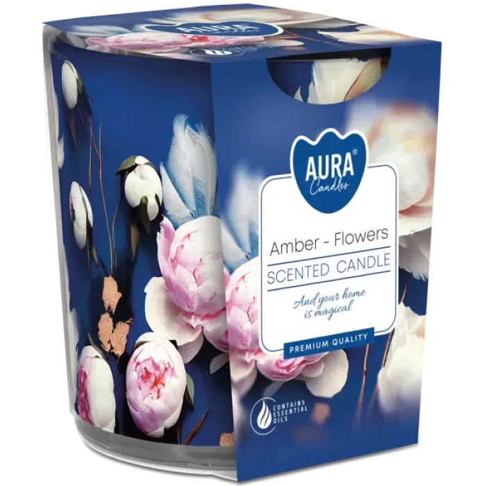 Duftkerze im Glas mit Folie – Bernstein & Blumen